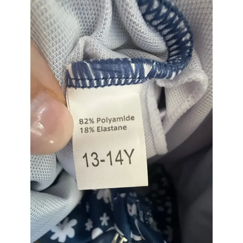 Girls Rash Guard Swimsuit Set 13-14Y Navy Floral Long Sleeve Pink Palm Shorts